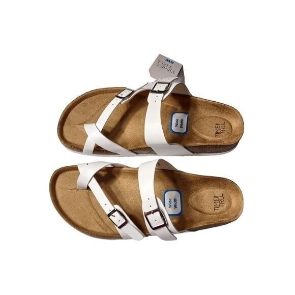 Time and Tru White Sandals Women's 8‎ Wide Width Cork Footbed Buckle Comfort - Picture 8 of 15